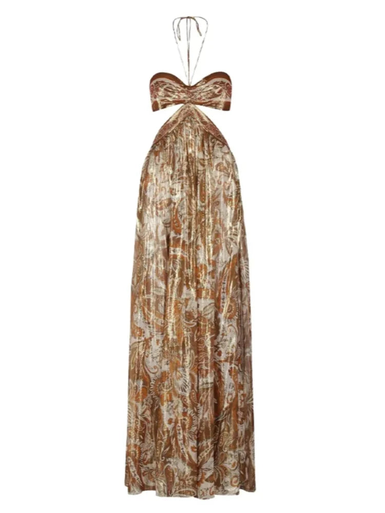 Sexy Print Hollow Out Strapless Women Dresses Beach Holidays Glitter Backless Off Shoulder Female Robe 2025 Summer Lady Dress GlowCart