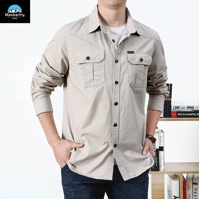 High-quality washed cotton shirt men's long-sleeved lapel GlowCart