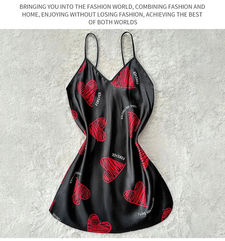 Valentine's Day Red Lip Print Satin Slip Nightdress V Neck GlowCart