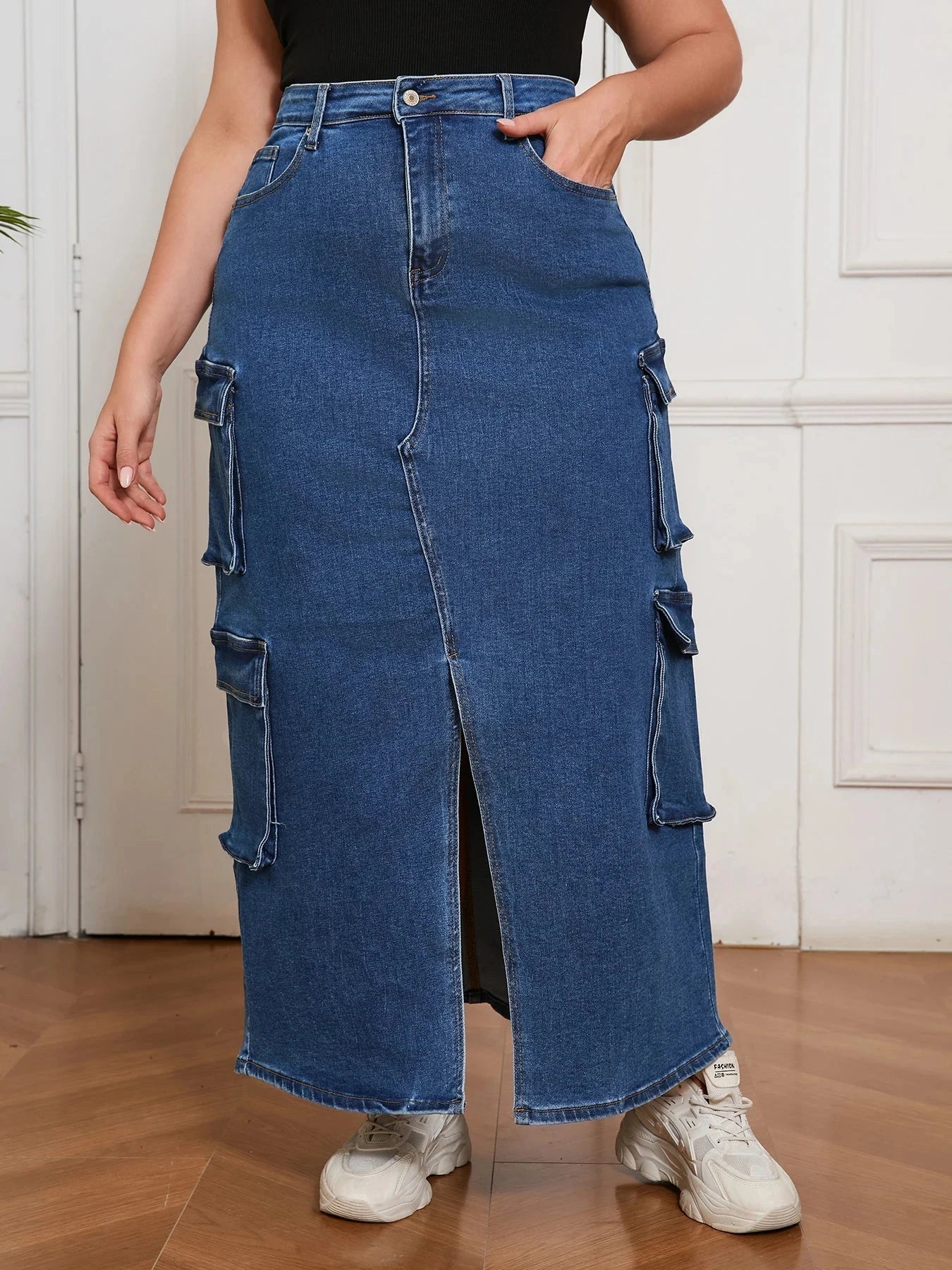 Denim Long Skirt for Women Street Style Cargo Design Split Hem Chic Outfit Casual Fashion Clothing Pants GlowCart