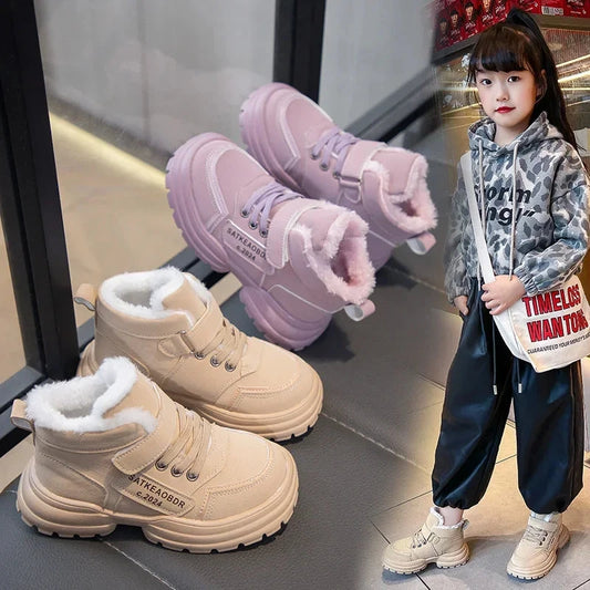 Boys Girls Sports Boots with Fur 2025 New Fashion Kids Ankle Boots Warm for Winter Sweet Students Short Boots Non-slip Soft Sole GlowCart