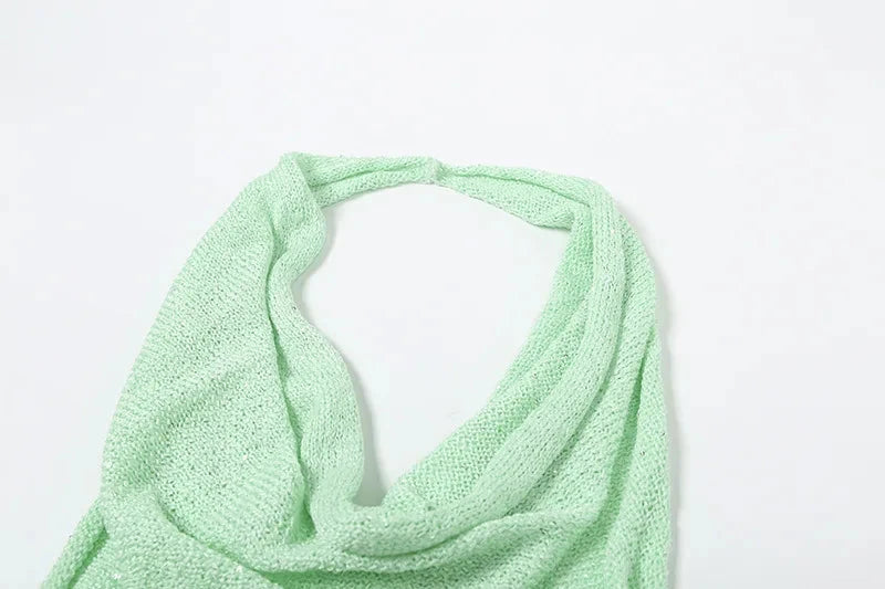 Women Sexy Sequins Knitted Mini Beach Dress Swinging Collar GlowCart