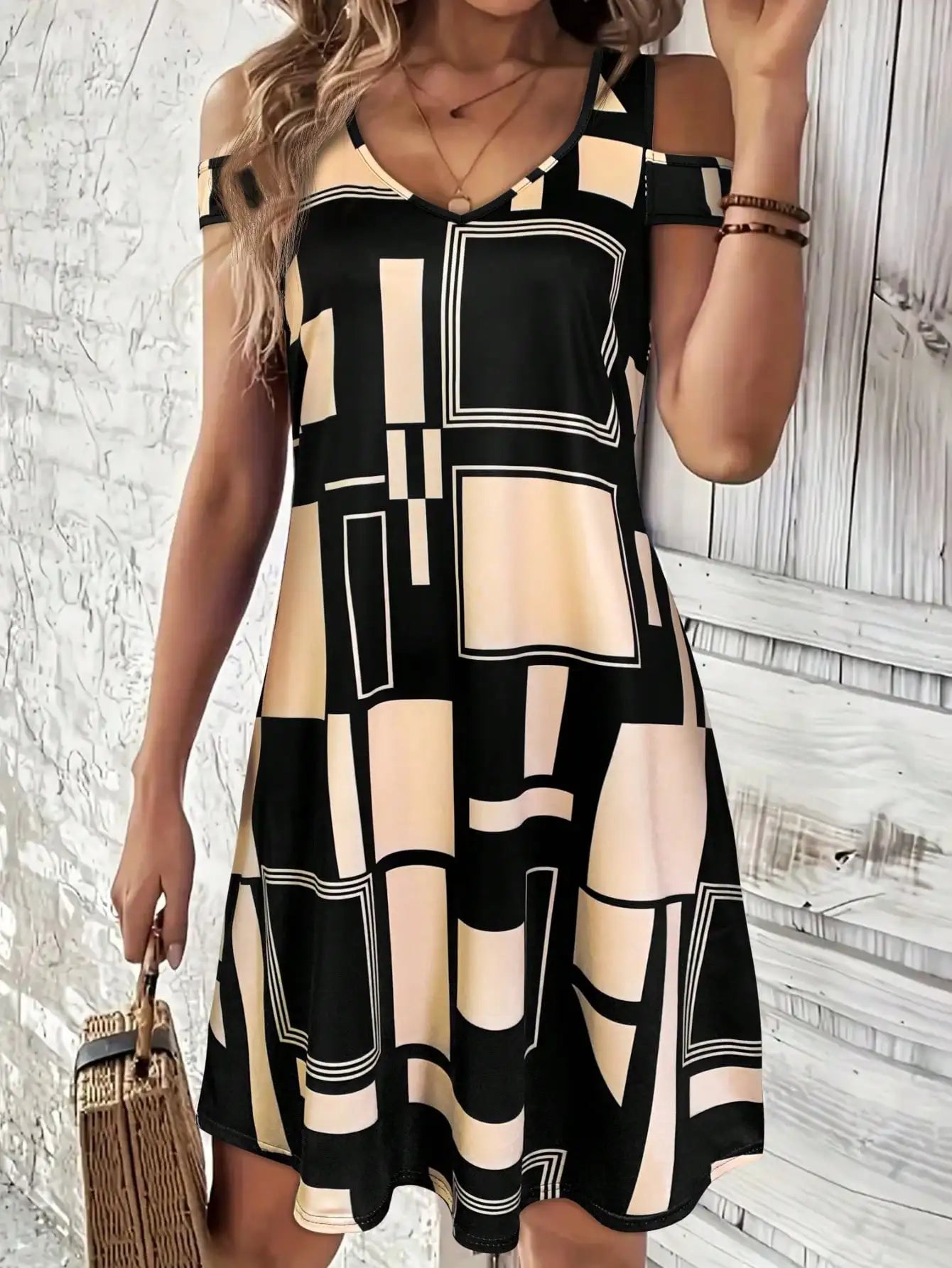 Summer Geometric Pattern Off-shoulder V-Neck Dress For Women,Casual Summer Sundress, Flowy Everyday Mini Dress GlowCart