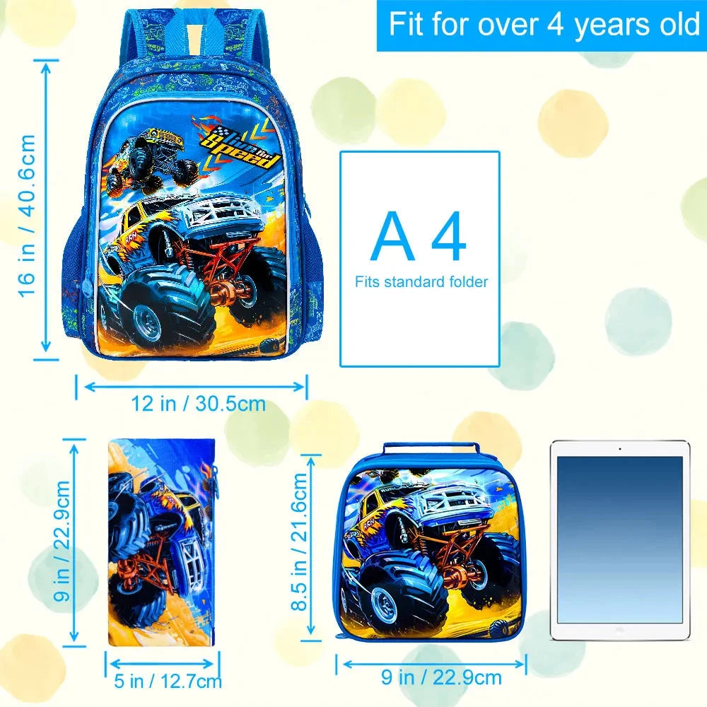 3PCS Boys Truck Backpack, Kids Car Bookbag with Lunch Box, Water Resistant School Bag for Elementary Preschool Toddler GlowCart