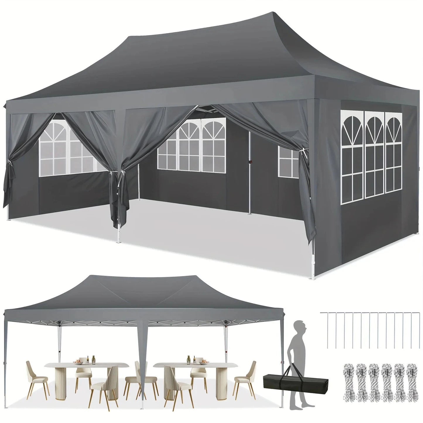 10x20 Pop Up Canopy Tent with 6 Sidewalls, Wedding Party GlowCart