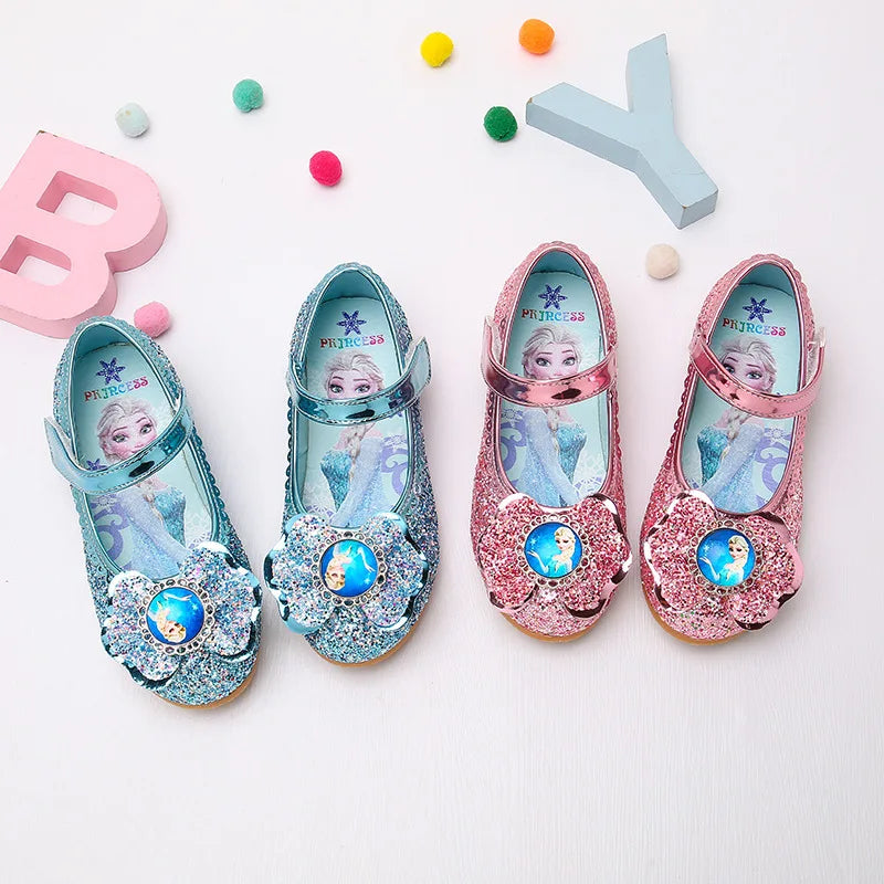 Disney Frozen Princess Elsa Cartoon Soft Sole Sandals Baby Girl Princess Shoes Crystal Shoes Children Flat Girl Leather Shoes GlowCart