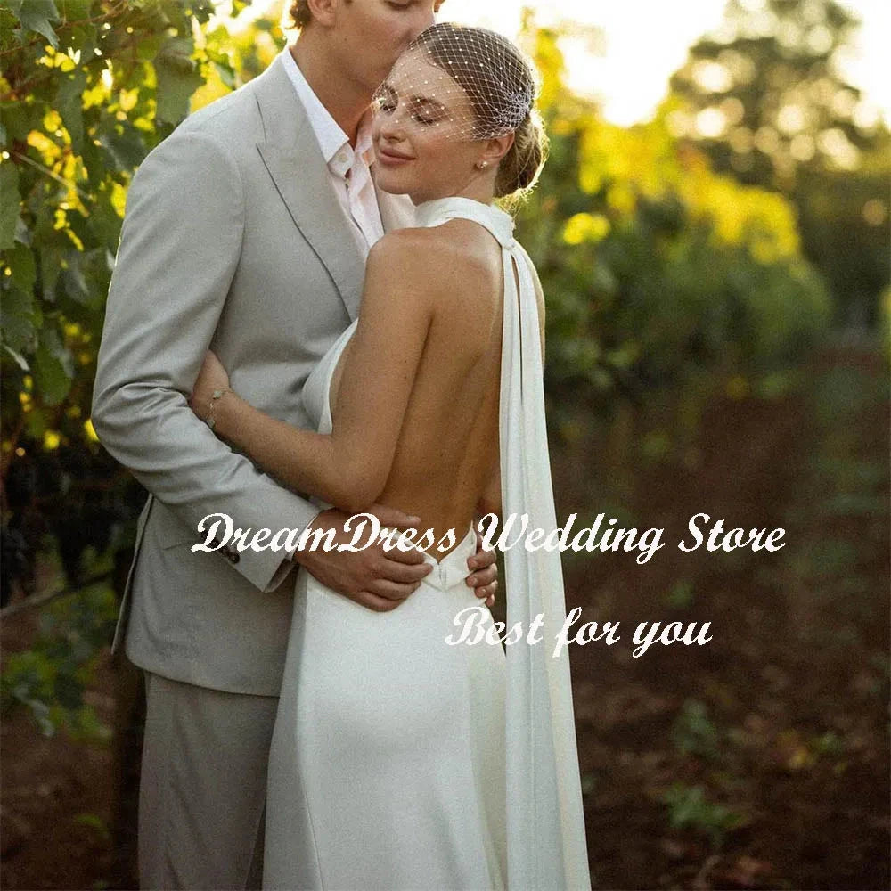 DREAM Customized Simple V-Neck Halter Mermaid Crepe Wedding GlowCart