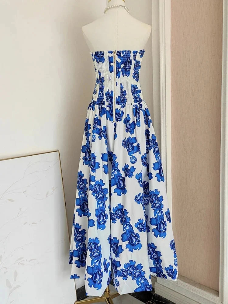Sexy Strapless Printed Split Deign Long Bubble Dress Women GlowCart