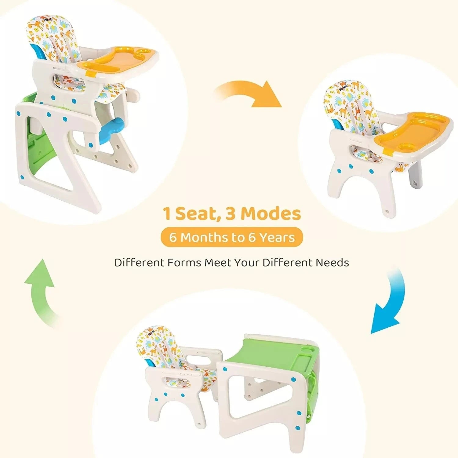 SEJOY High Chairs For Babies Toddlers 3-in-1 Baby High Chair Adjustable Backrest Infant Baby Feeding Chair For Eating GlowCart
