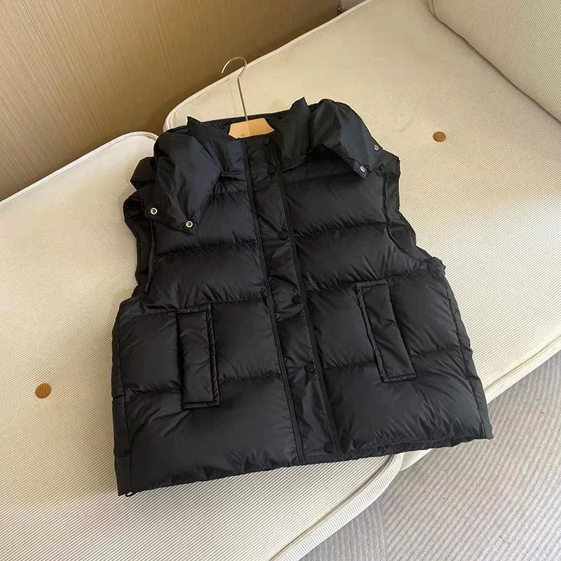 Autumn Winter Fluffy Puff Hooded Down Vest Female Drawstring GlowCart