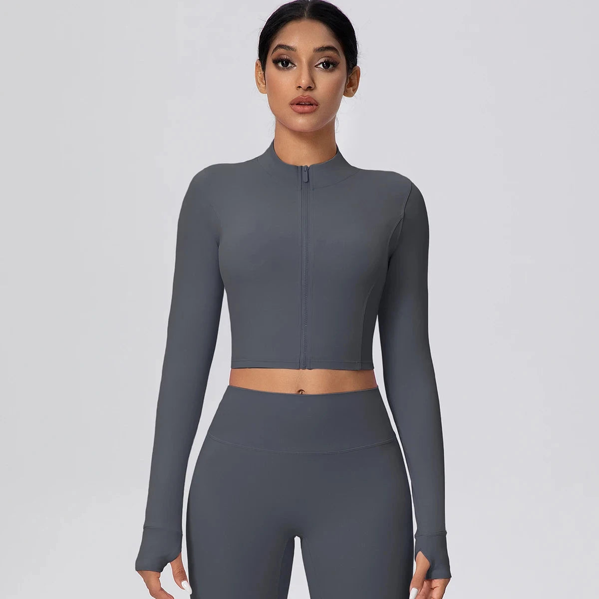 Woman Solid Color Slim Casual Zipper Long Sleeves Yoga Tight Naked Feel Sports Thumb Hole Gym Workout Top Running Yoga Jacket GlowCart
