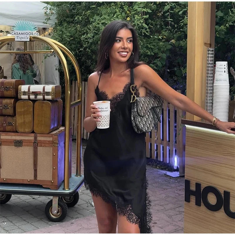 Sexy Lace Patchwork Sling Dress Women Satin Off-shoulder GlowCart