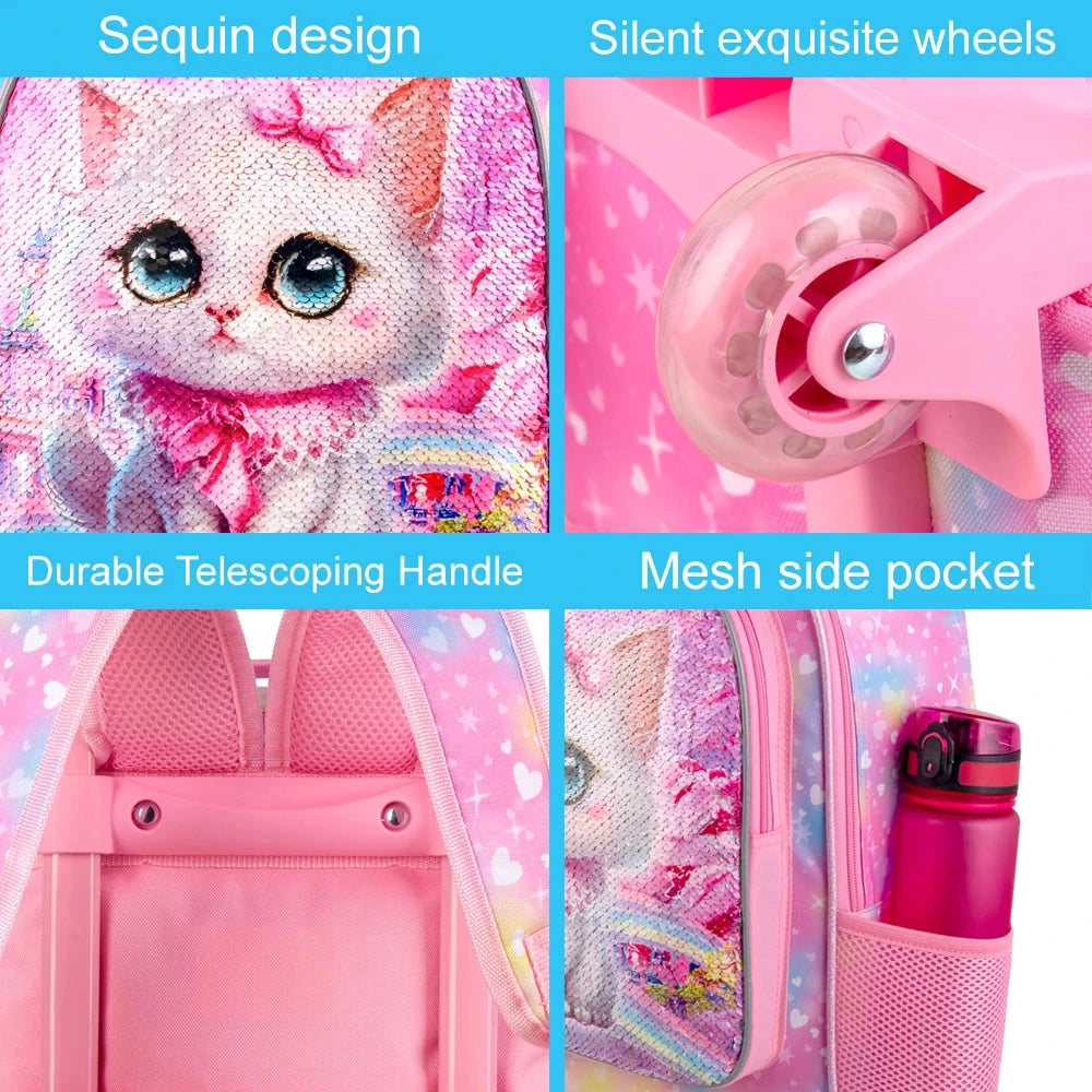 4PCS Rolling Backpack for Girls, Kids Cat Roller Wheels School Bookbag with Lunch Bag, Wheeled School Bag for Toddler Elementary GlowCart