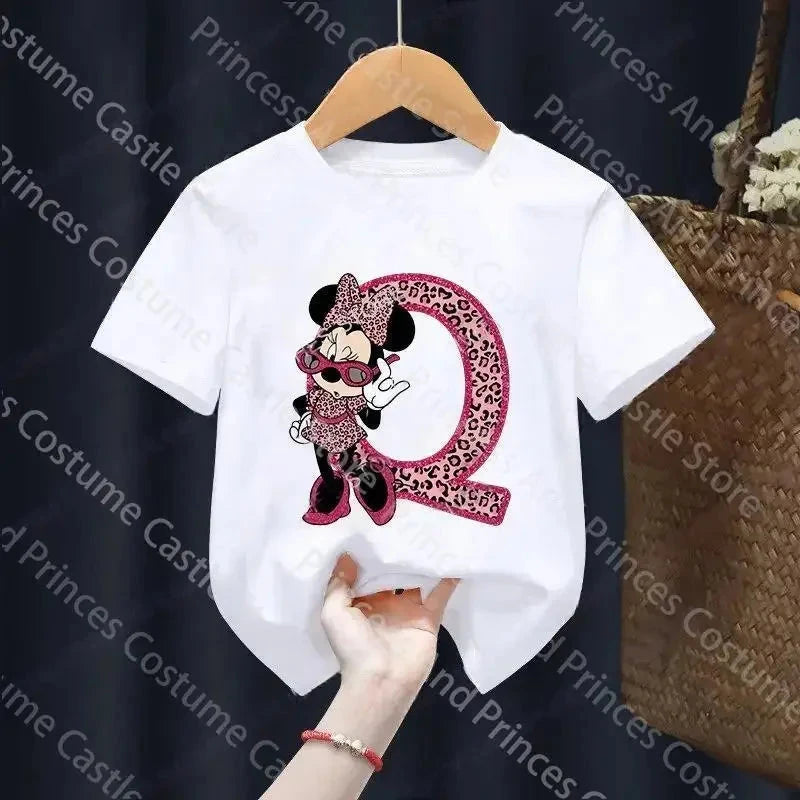 Letter A-Z Minnie Children  T-Shirts Name Combination Disney Kawaii Cartoons Clothes Kids Little Boy Girl Tee Shirts Casua GlowCart