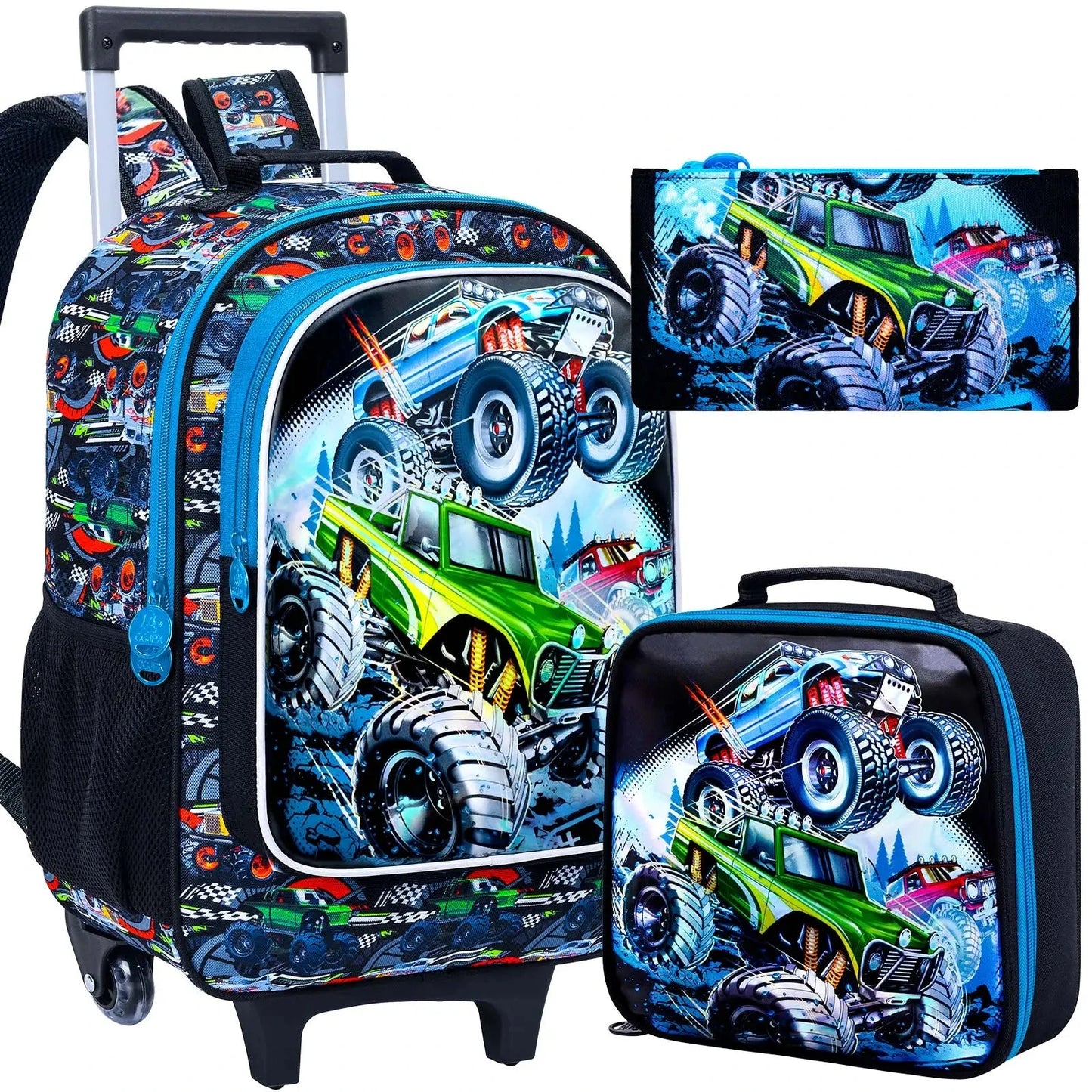 3PCS Rolling Backpack for Girls and Boys， Kids Race Wheeled Bookbag GlowCart