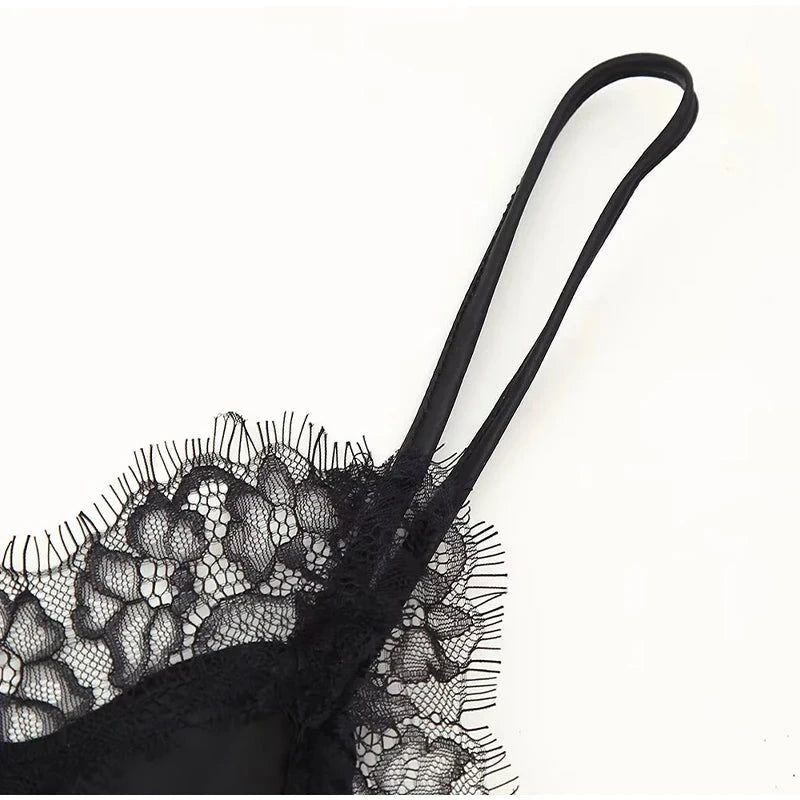 Sexy Lace Patchwork Sling Dress Women Satin Off-shoulder GlowCart