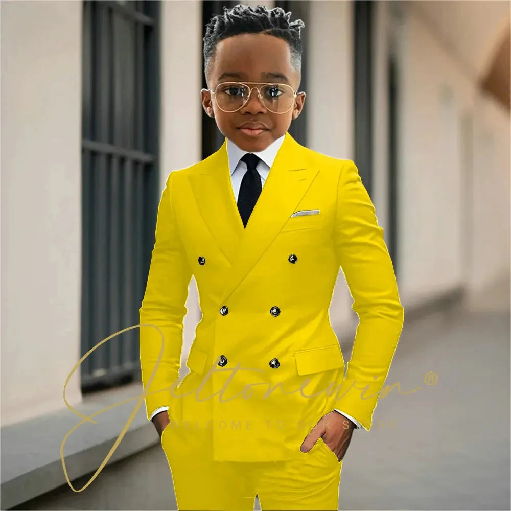 Boy's Beige Suit Set Double Breasted Blazer Pants 2 Pieces Classic kids Wedding Tuxedos Children Party Suits outfits GlowCart