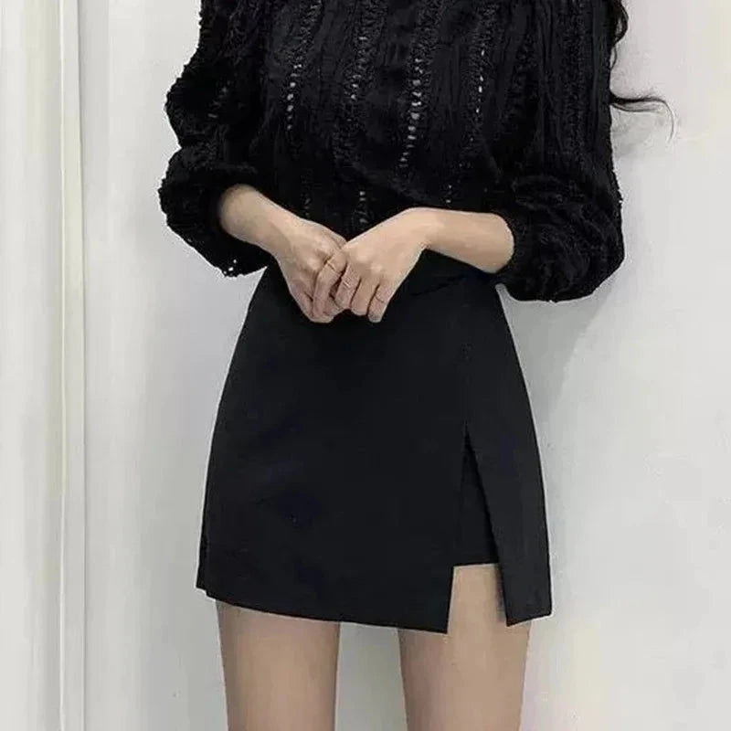 Black Mini Skirts Women Irregular Side Slits High Waist A GlowCart