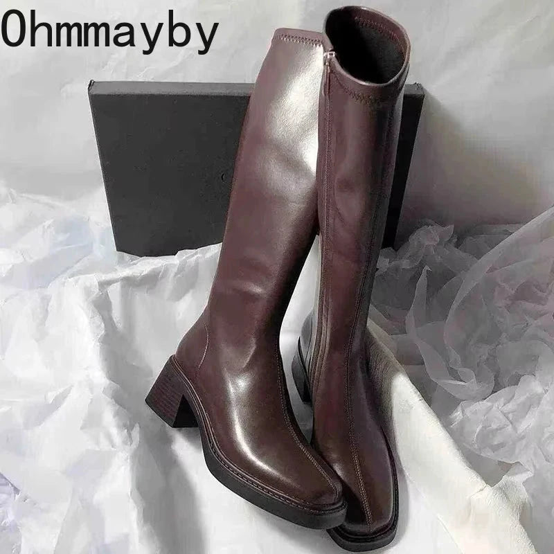 Vintage Thick Heel Women Knee High Boots Fashion Side GlowCart