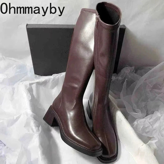 Vintage Thick Heel Women Knee High Boots Fashion Side GlowCart