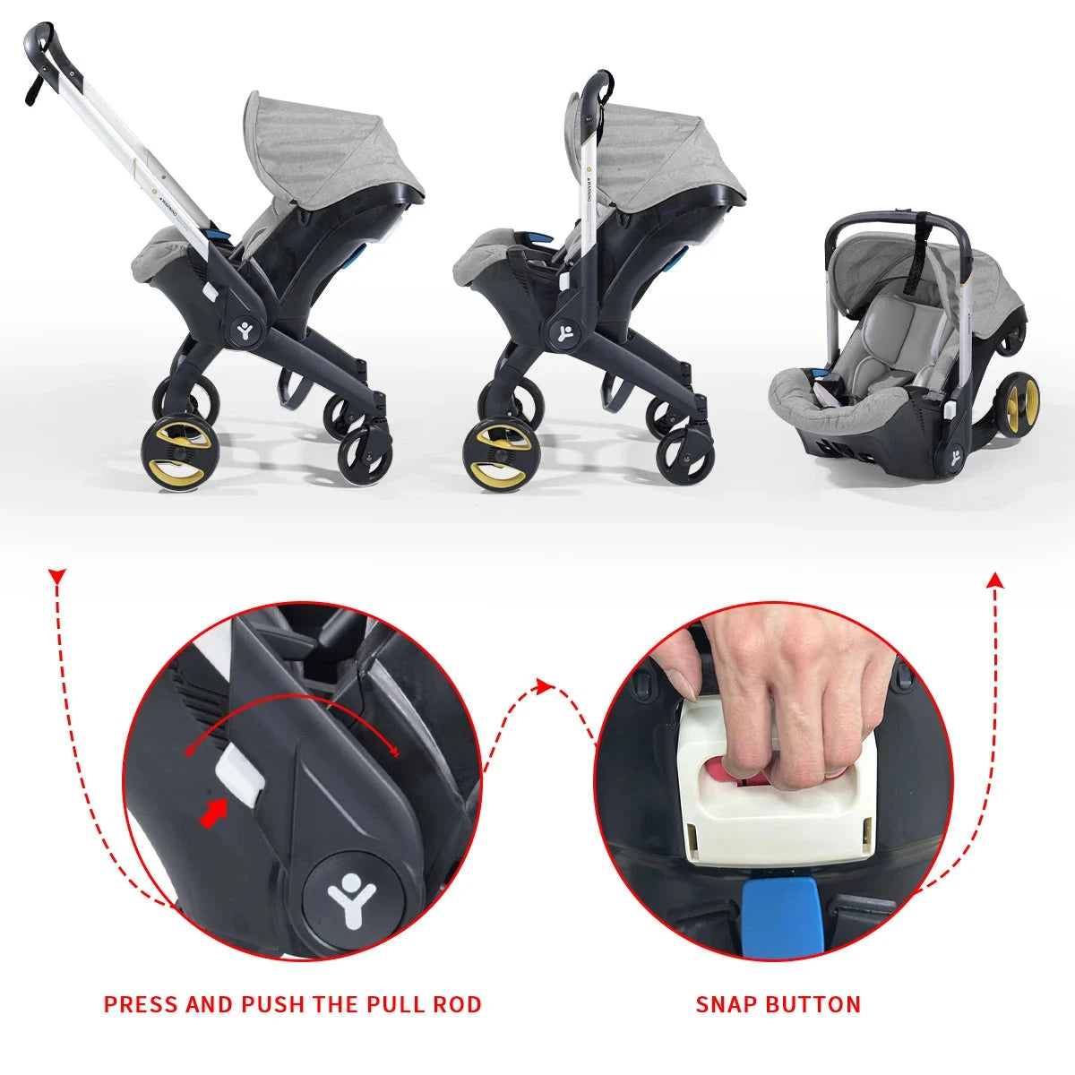 Lightweight baby stroller, folding and portable, adjustable handle direction, bidirectional push, metal frame, with awning GlowCart
