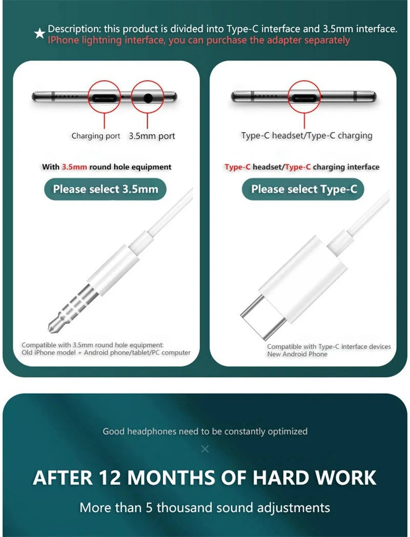 Type-C In-Ear Wired Karaoke Headphones 3.5mm Stereo Music GlowCart