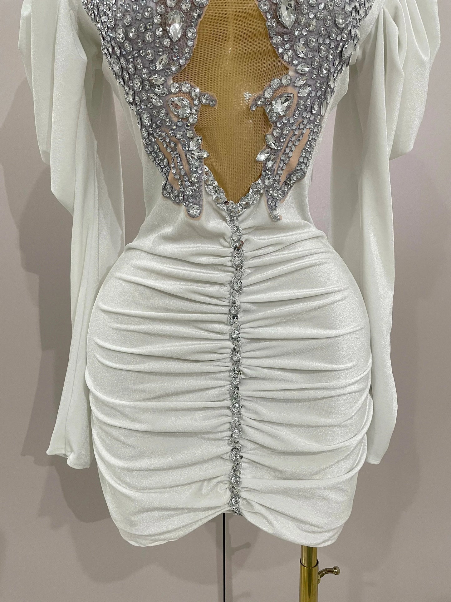 Luxury Sparkly Crystals Sexy Mesh White Velvet Short Dress GlowCart