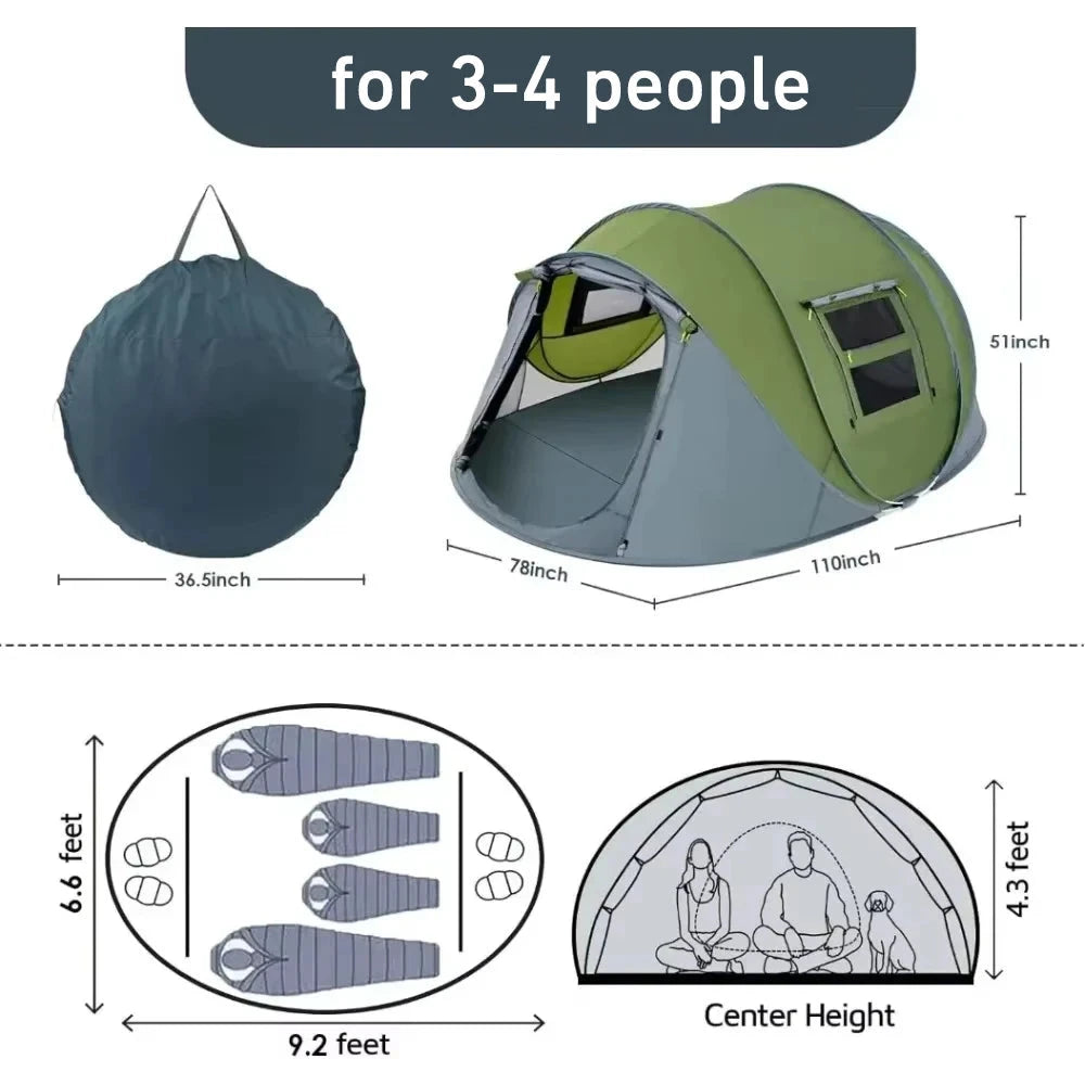 3-4 People Outdoor Throw Open Tent Automatic Pop Up Tents GlowCart
