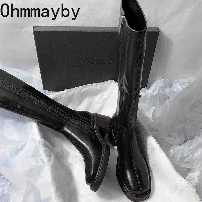 Vintage Thick Heel Women Knee High Boots Fashion Side GlowCart