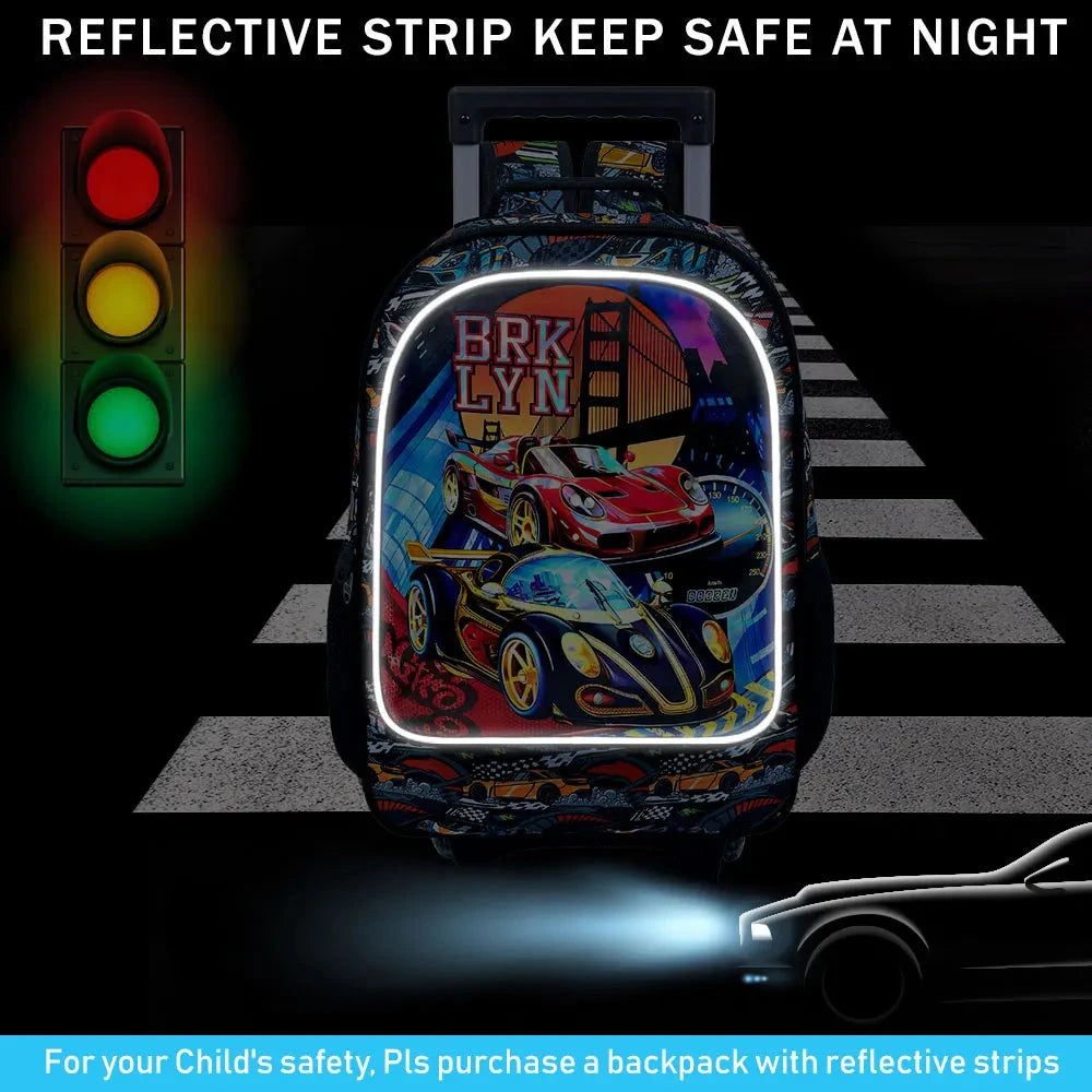 3PCS Rolling Backpack for Girls and Boys， Kids Race Wheeled Bookbag GlowCart