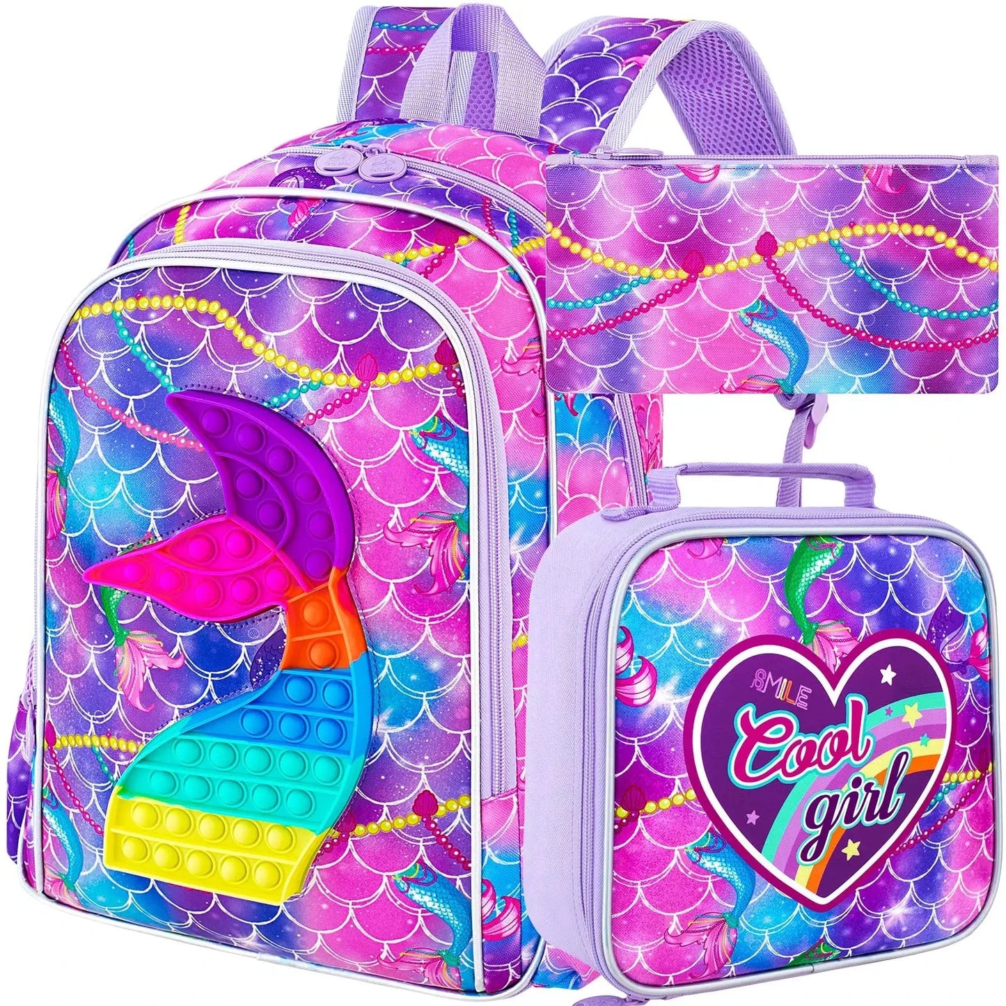 3PCS  Backpack for Girls, 16" Kids Backpacks with Lunch Box, Water Resistant Girl Bookbag for School Elementary GlowCart