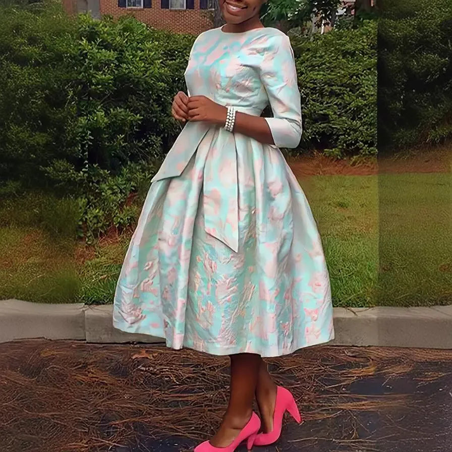 Women Print Midi Dress Cinched Waist Lace Up Splice Round Neck Dresses Casual A Line Elegant Vestidos Party Spring 2025 GlowCart