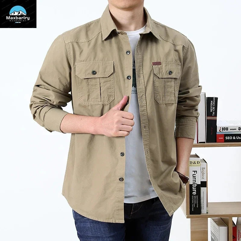 High-quality washed cotton shirt men's long-sleeved lapel GlowCart