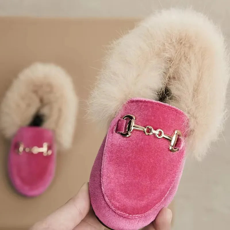 Winter Kids Fur Princess Shoes Baby Girls Velvet Brand Flats Children Slip On Shoes Toddler Fashion Dress Loafers Boys Moccasin GlowCart