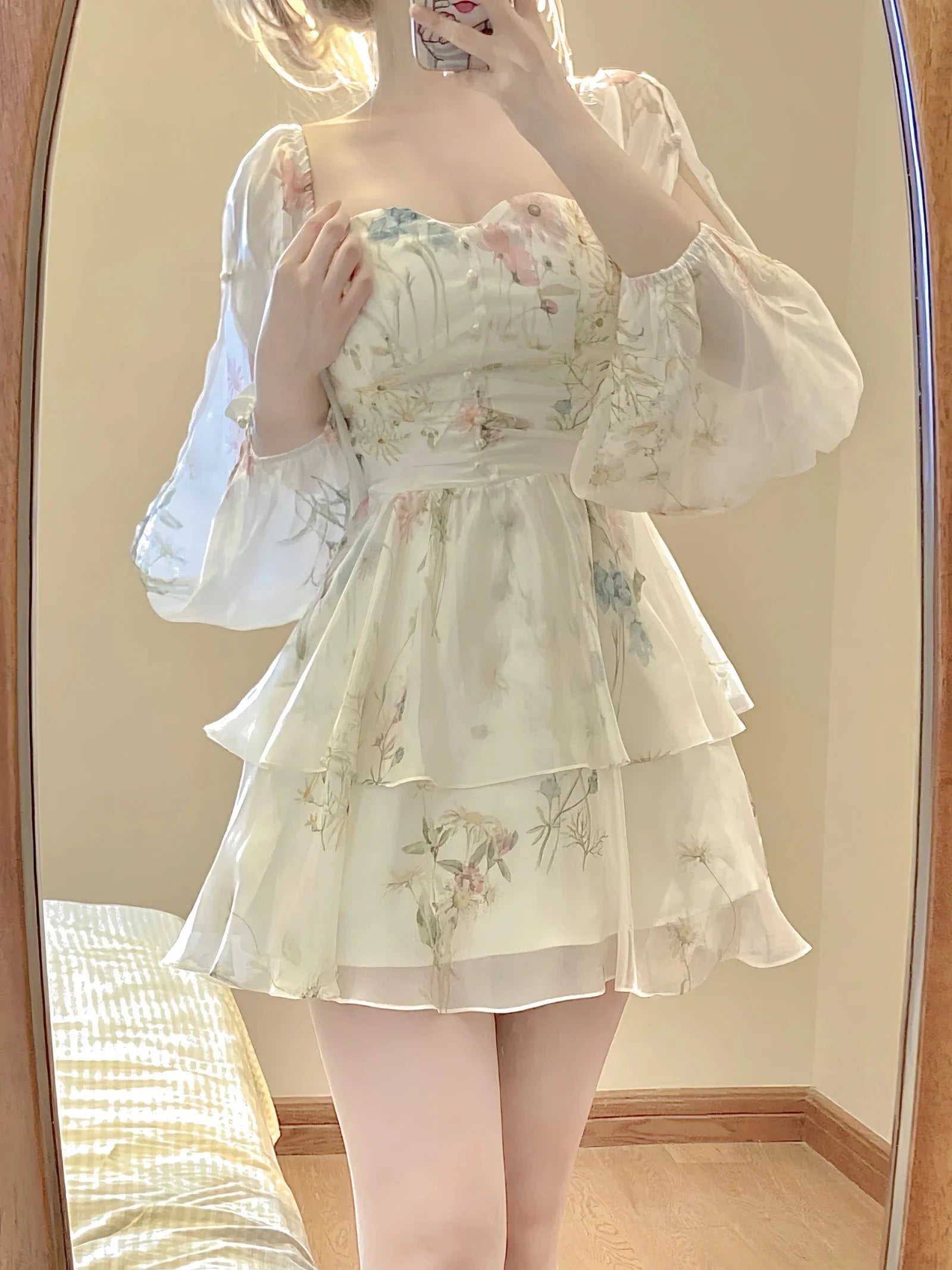 French Elegant Floral Mini Dress Chiffon Long Sleeve Evening GlowCart