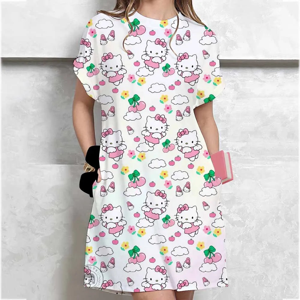 Women's long tshirt dress summer fashion girl Hello Kitty print oversized casual round neck short sleeved mini T-shirt dress ﻿ GlowCart