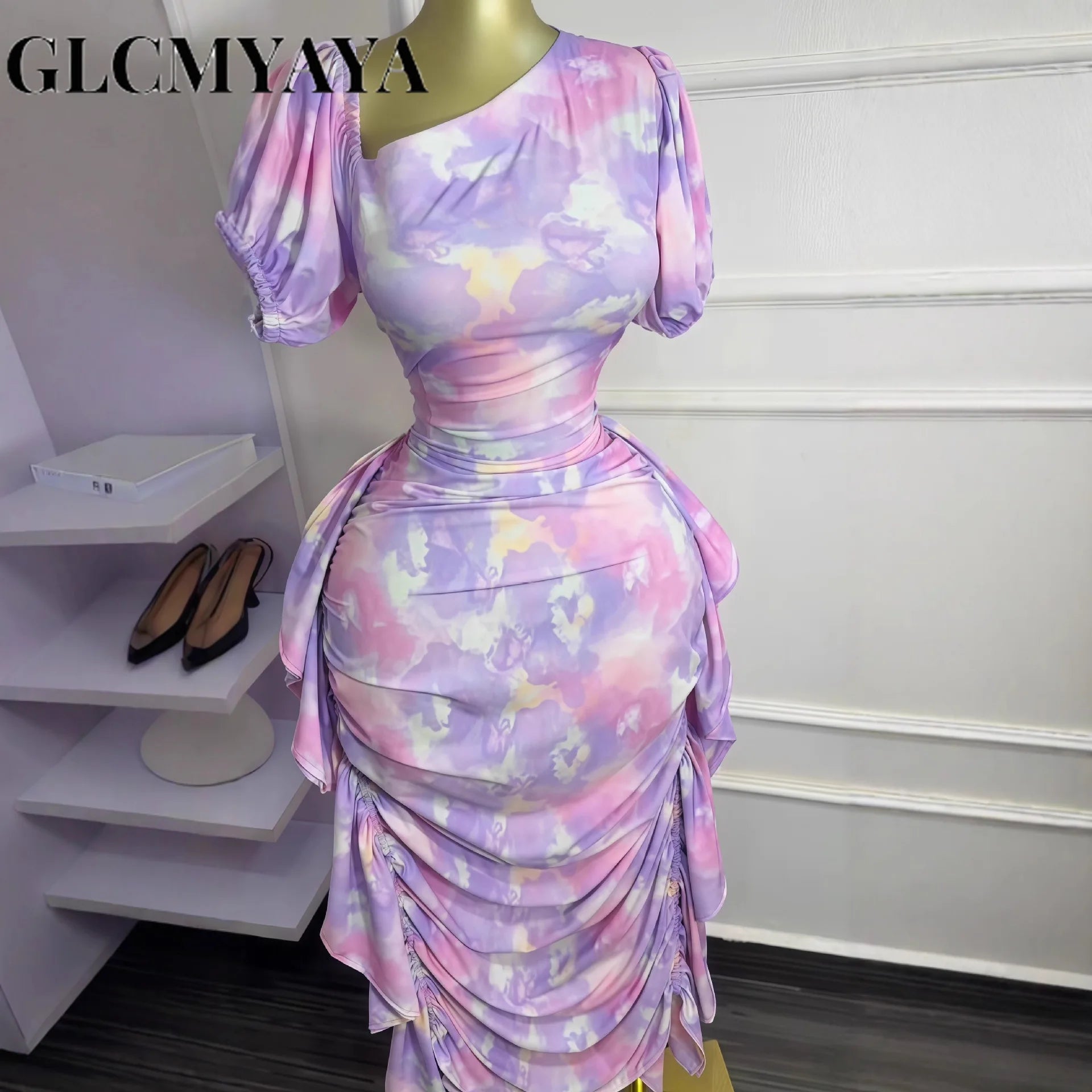 GLCMYAYA Women Tie Dye Printed Skew Neck Ruched Stacked Bodycon Midi Maxi Long Dress 2025 Vacation Holiday Sexy Vestidos Dresses GlowCart