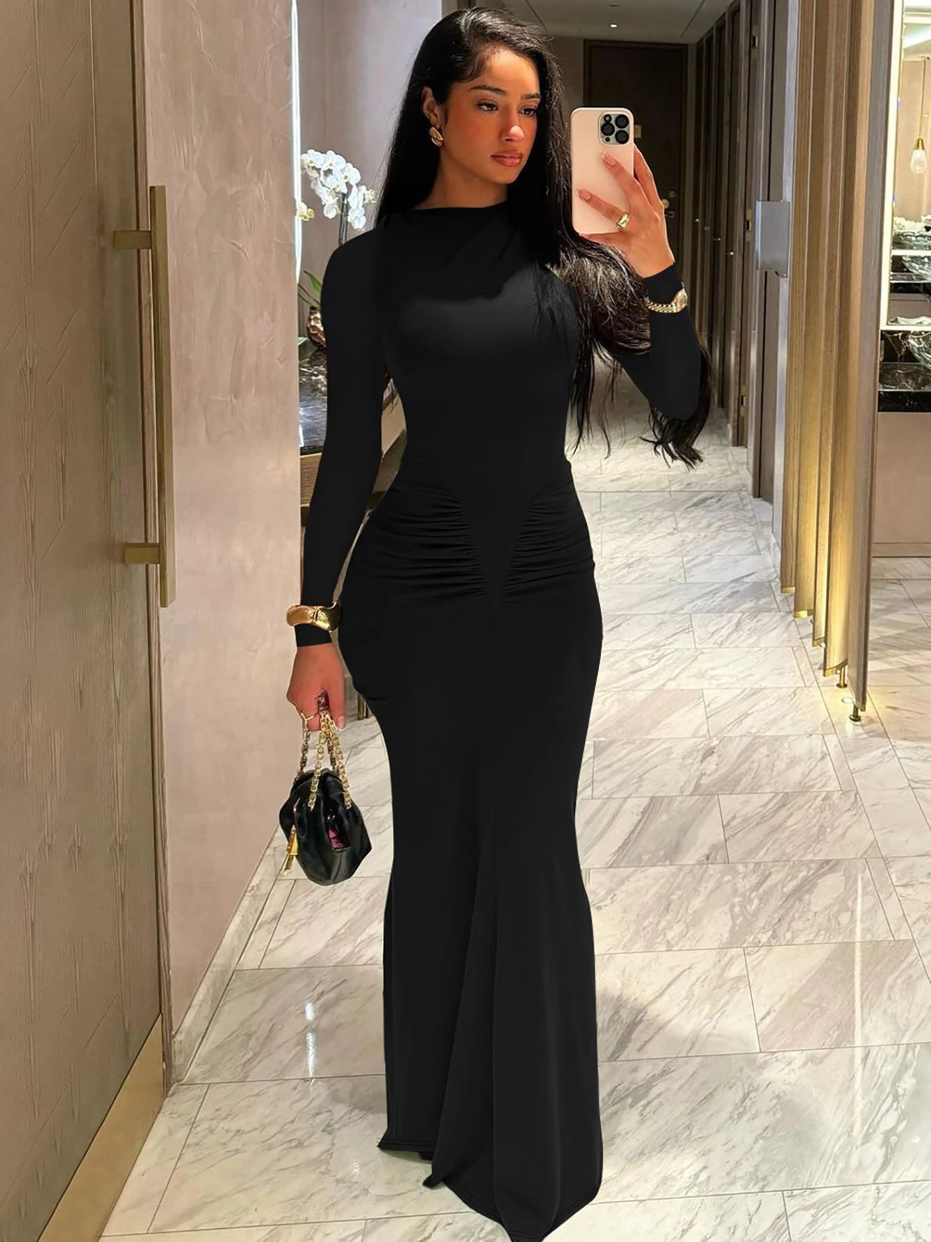 Hugcitar Autumn Solid Long Sleeve Draped Sexy Bodycon Maxi Prom Dress Women Fashion Y2K Outfits Evening Party Festival Club GlowCart