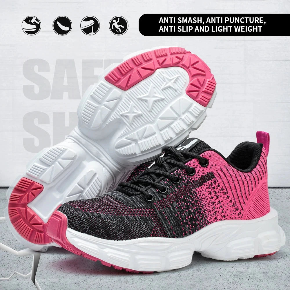 Women's Steel Head Safety Shoes Smash Proof Stab Penetration Air Lightweight Pure Black Simple Sneakers Women's Work Shoes GlowCart