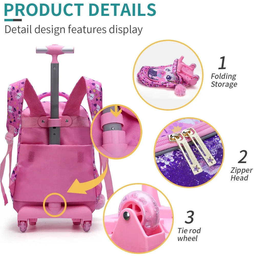 3PCS set Rolling Backpack For Girls, Cute Cartoon Cat Sequin Wheeled Bookbag For Elementary Students, With Lunch Box And Pen Bag GlowCart