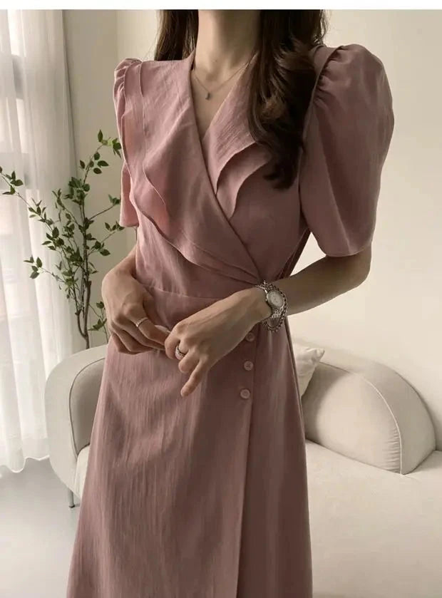 Summer New Chic V-ne Turn-down Collar Slimming Waist Midi Dr GlowCart