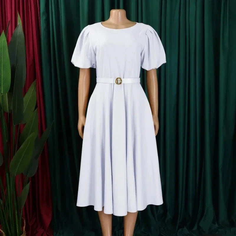 Ladies Office Dresses Women Formal Work O-Neck Puff Sleeve GlowCart