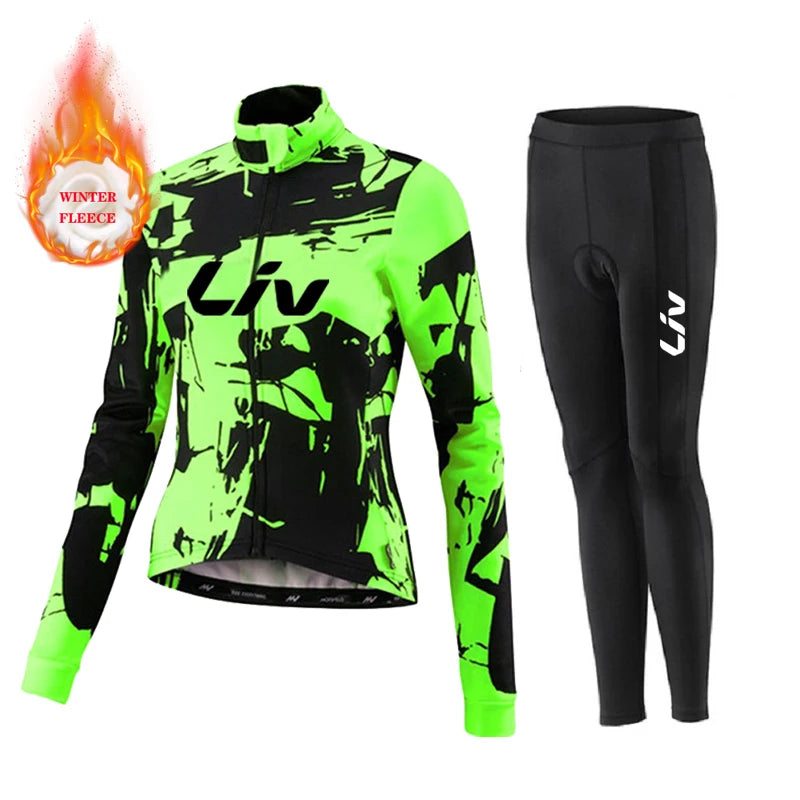 Liv Women Team Winter Fleece Long Sleeve Cycling Jersey Set Mountian Bicycle Clothes Wear Ropa Ciclismo Racing Bike Jersey Suit GlowCart