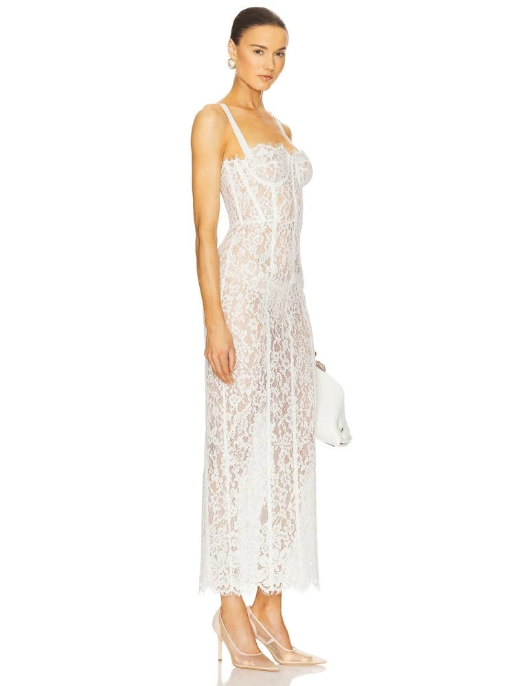 Sexy Spaghetti Strap V Neck Lace Long Dress Women Black GlowCart