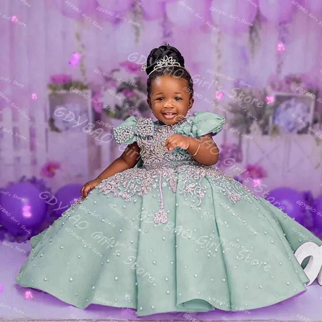 Purple Flower Girl Dress Short Sleeves Ball Gown Princess GlowCart