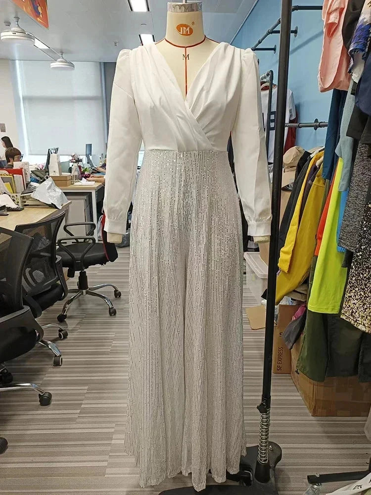 BWQ Splice Sequins Maxi Dresses For Women Fashion Folds GlowCart