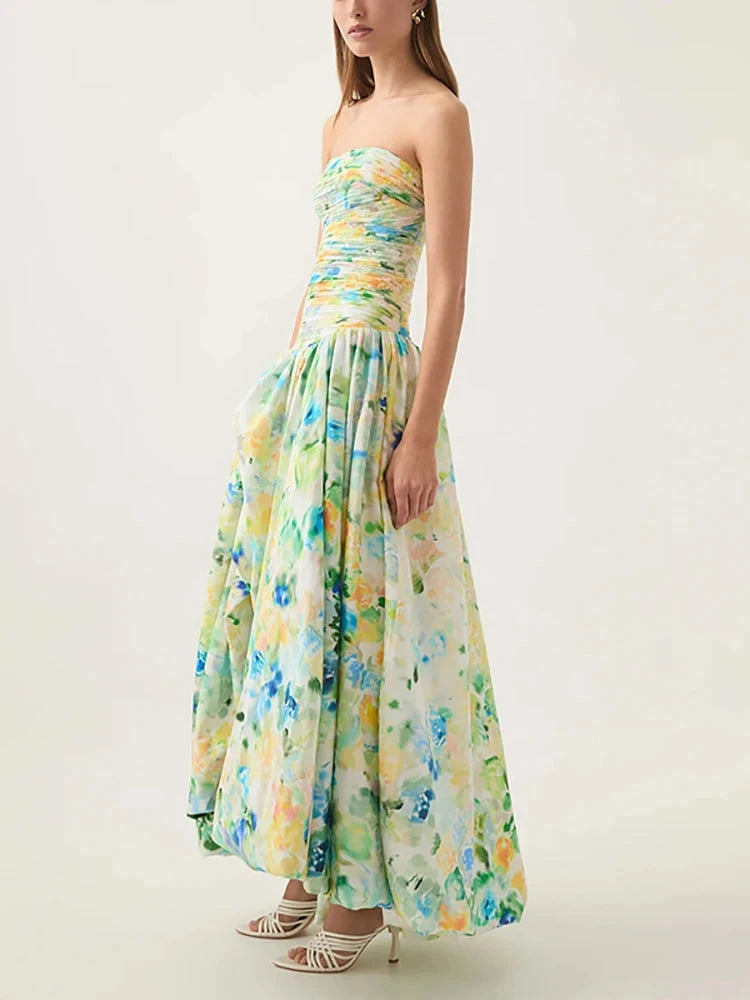 Sexy Strapless Printed Split Deign Long Bubble Dress Women GlowCart
