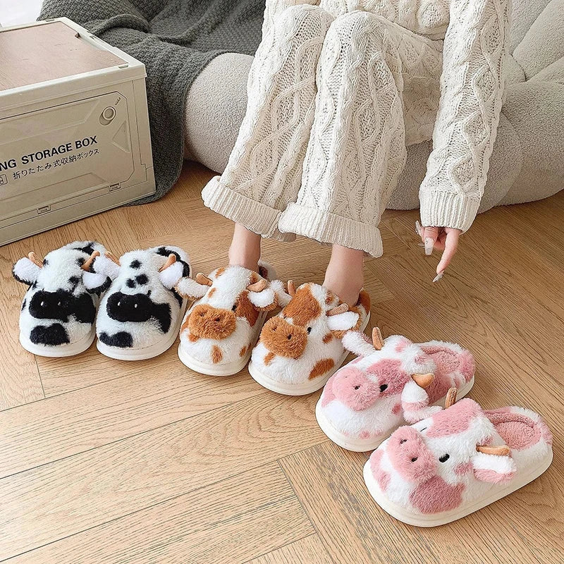 Women's Winter Warm Cartoon Cow Slippers Closed Toe Non Slip GlowCart