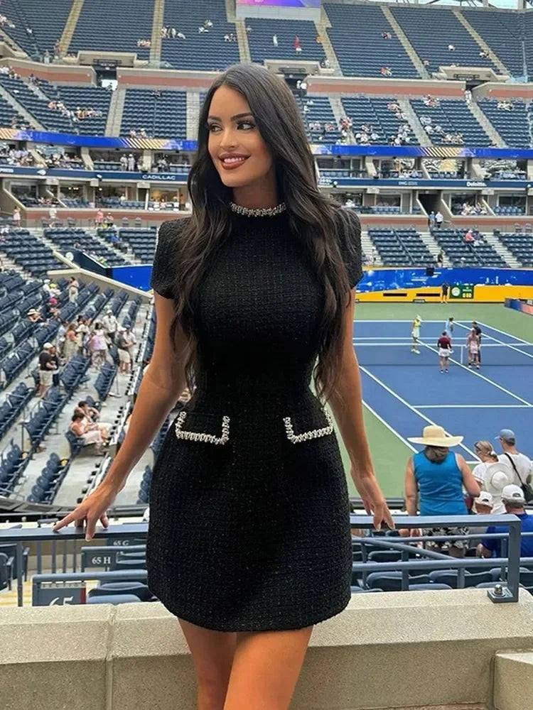 2025 New Elegant Glittery Spliced Beaded Mini Dress Women GlowCart