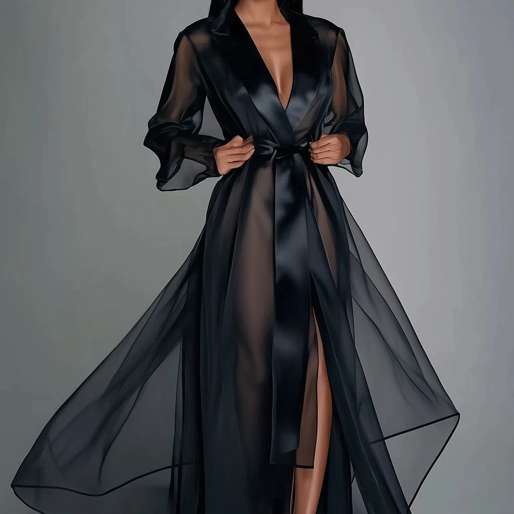 Women Maxi Dress Solid Organza See Through Lapel Long Sleeve Robe Summer Autumn Fashion Lace Up Gown Satin Silk Party Dress GlowCart